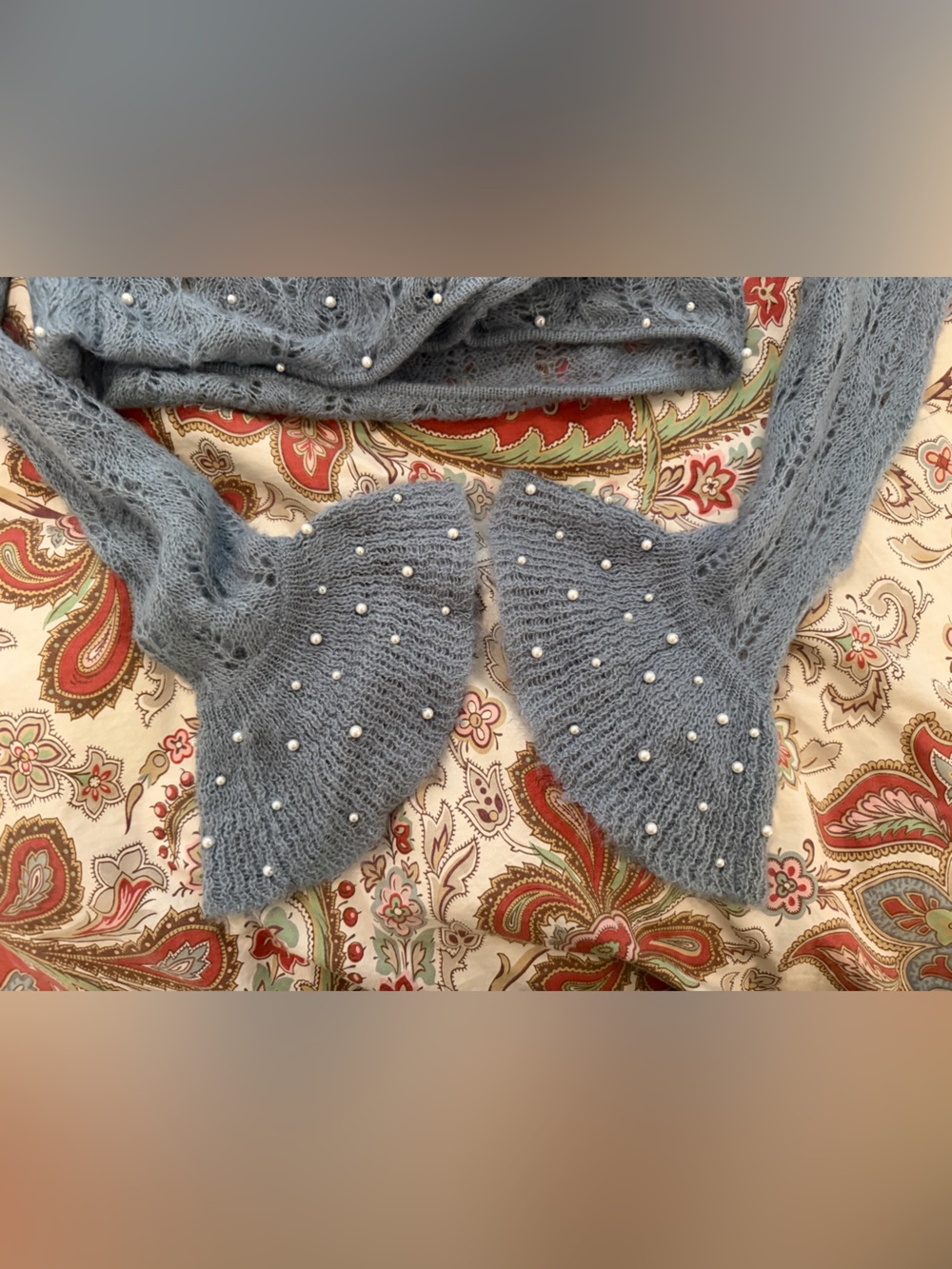 Vintage Betsey Johnson Blue Pointelle Cropped Wrap Sweater Top Sz S Embellished - Picture 7 of 7